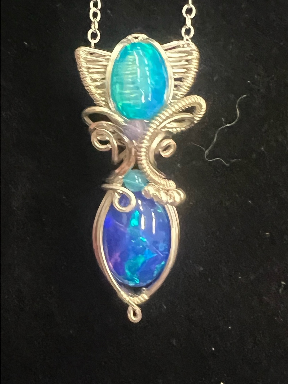 Blue Opal Double-Stone Wire Wrapped Pendant Necklace